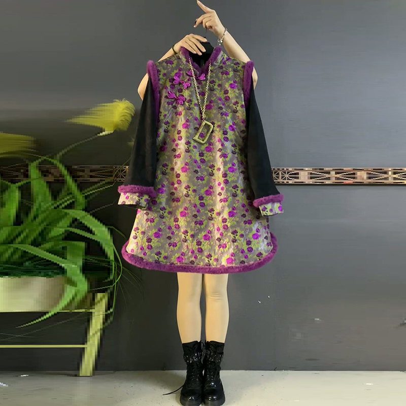 复古大码女装碎花连衣裙两件套