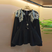 胖mm时尚 秋季 重工钉珠设计感上衣潮 大码 女装 爆款 气质名媛风女人衫