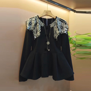 爆款 胖mm时尚 气质名媛风女人衫 女装 重工钉珠设计感上衣潮 大码 秋季