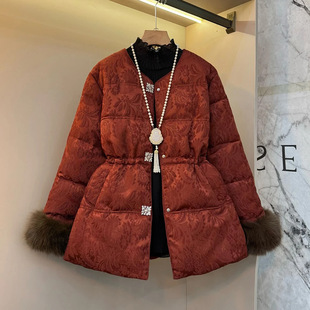 女装 新款 大码 收腰棉服外套时尚 胖妹妹保暖棉外衣 复古提花毛袖