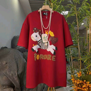 女装 大码 胖MM时尚 卡通贴布长款 圆领T恤 2025秋季 宽松百搭短袖 新款