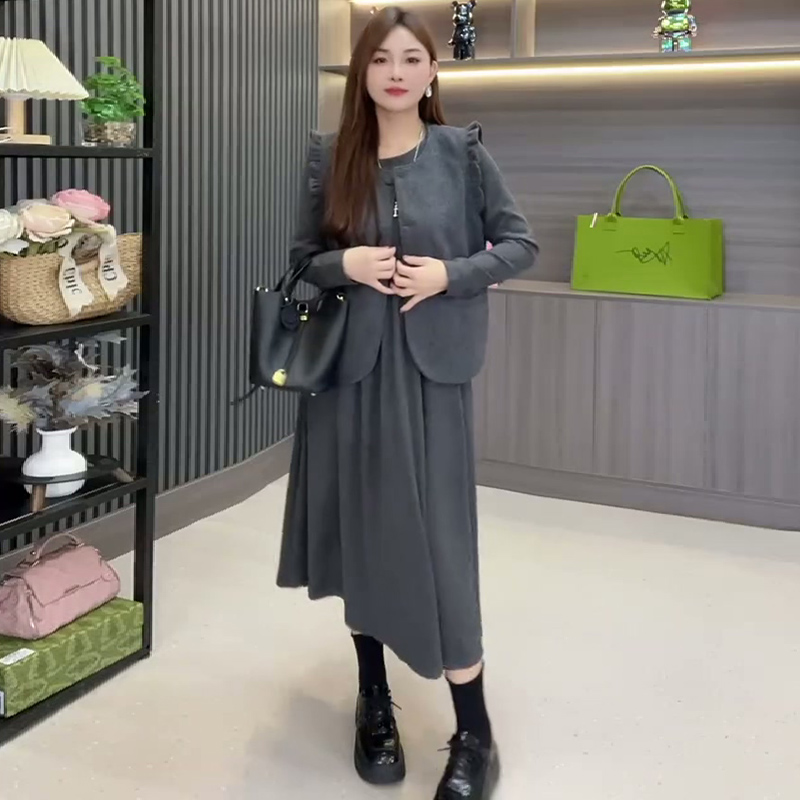 冬季大码女装毛呢马甲连衣裙套装