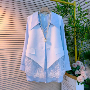 新款 拼接蕾丝马甲翻领衬衫 大码 时尚 宽松两件套 女装 胖妹妹2026春季