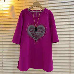 亮钻爱心字母开叉上衣胖妹妹大码 休闲T恤衫 女装 秋季 时尚 新款 韩版