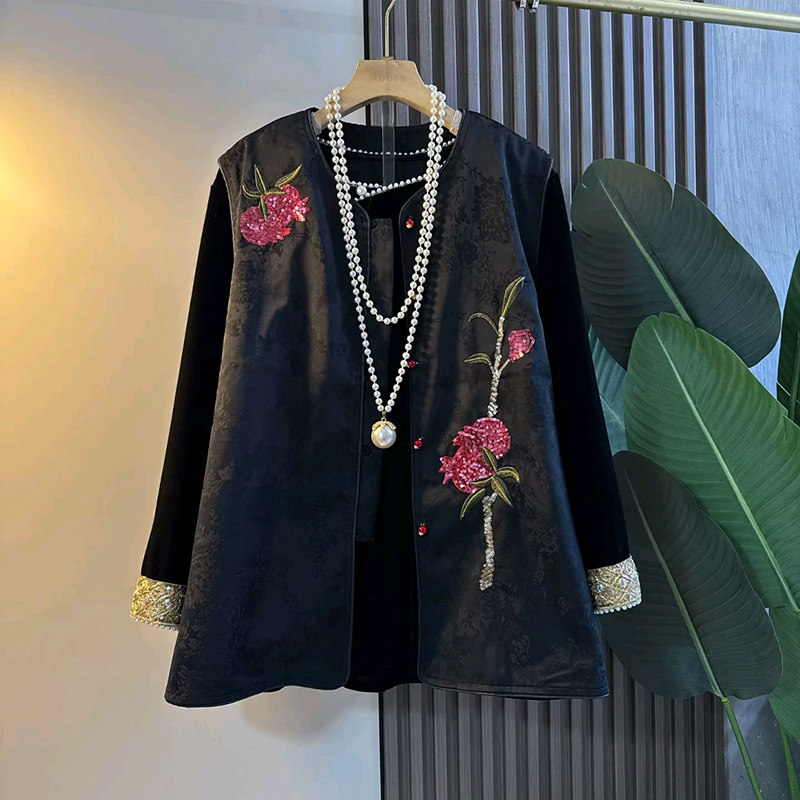 新中式大码女装钉珠拼接打底衫2026春季新款亮片大花马甲提花马夹,女装/女士精品,大码内搭,淘宝优惠券,粉丝福利购,淘宝优惠卷