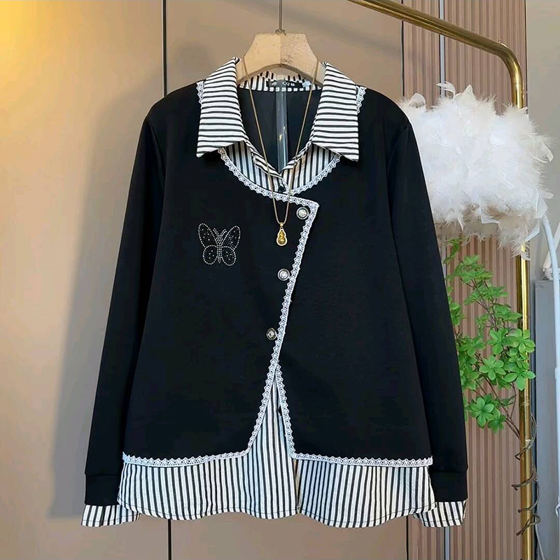 时尚条纹衬衫烫钻蝴蝶假两件上衣