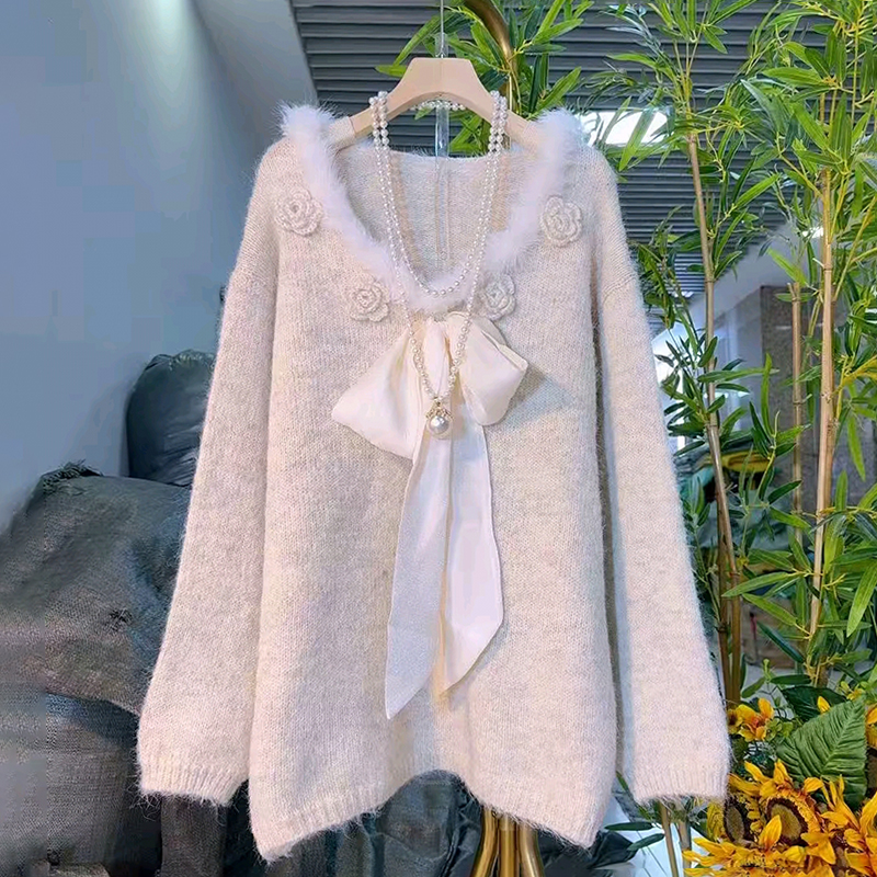 欧货气质V领花朵蝴蝶结毛领毛衣