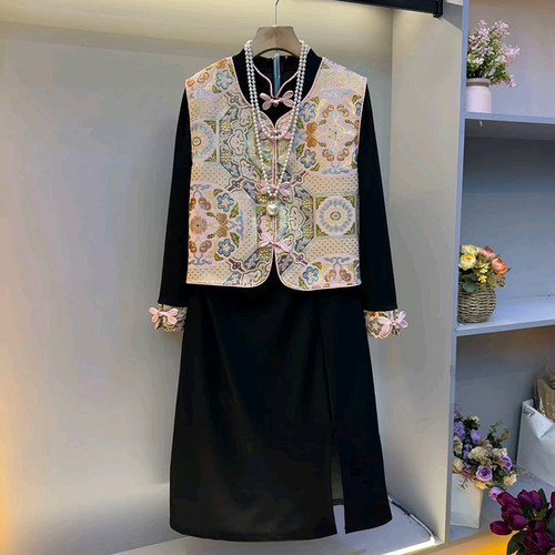 新中式盘扣马甲开衩连衣裙两件套