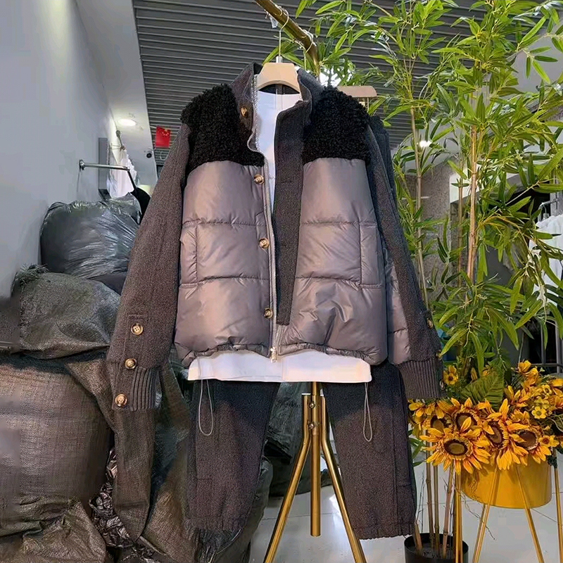 时尚毛呢拼接棉服上衣裤子套装