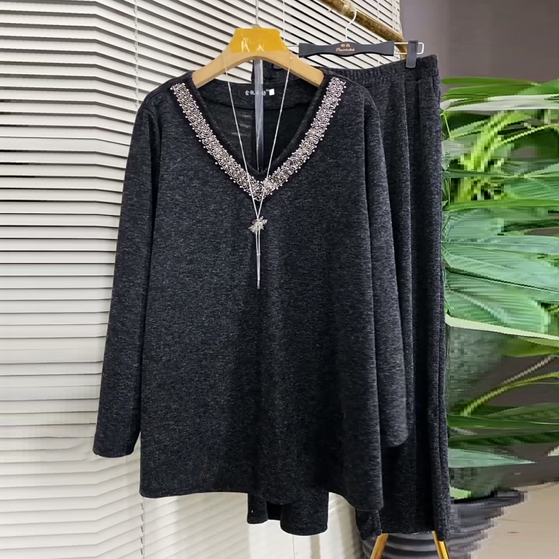 新款大码女装钉珠T恤衫阔腿裤