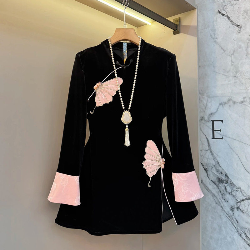 新中式轻奢气质蝴蝶盘扣撞色拼袖国风丝绒显瘦上衣胖妹妹大码女装,女装/女士精品,大码内搭,淘宝优惠券,粉丝福利购,淘宝优惠卷