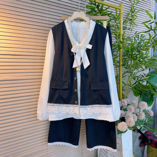 女装 大码 时尚 蕾丝边拼接马甲蝴蝶结衬衫 三件套 胖mm春季 九分裤 新款