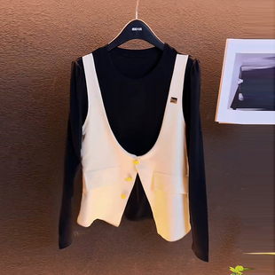 胖妹妹名媛风显瘦长袖 秋季 女装 2024大码 撞色假两件马甲上衣潮 新款