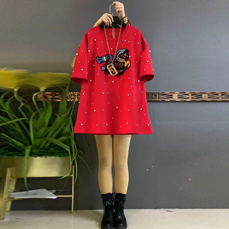 钉珠大码女装卡通短袖衬衫T恤衫