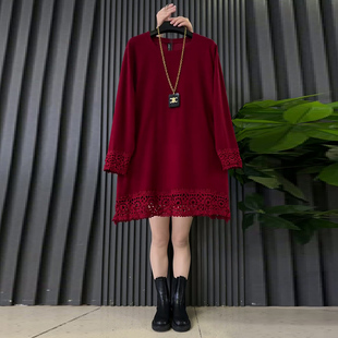 时尚 中长款 大码 圆领长袖 百搭上衣 女装 胖妹妹显瘦镂空花边拼接大衫