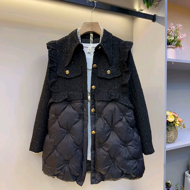 冬季大码女装小香风菱格拼接棉服