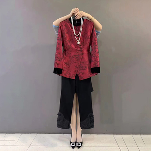 胖MM弹力腰盘扣裤 冬季 女装 复古提花气质收腰显瘦百搭外套大码 新款