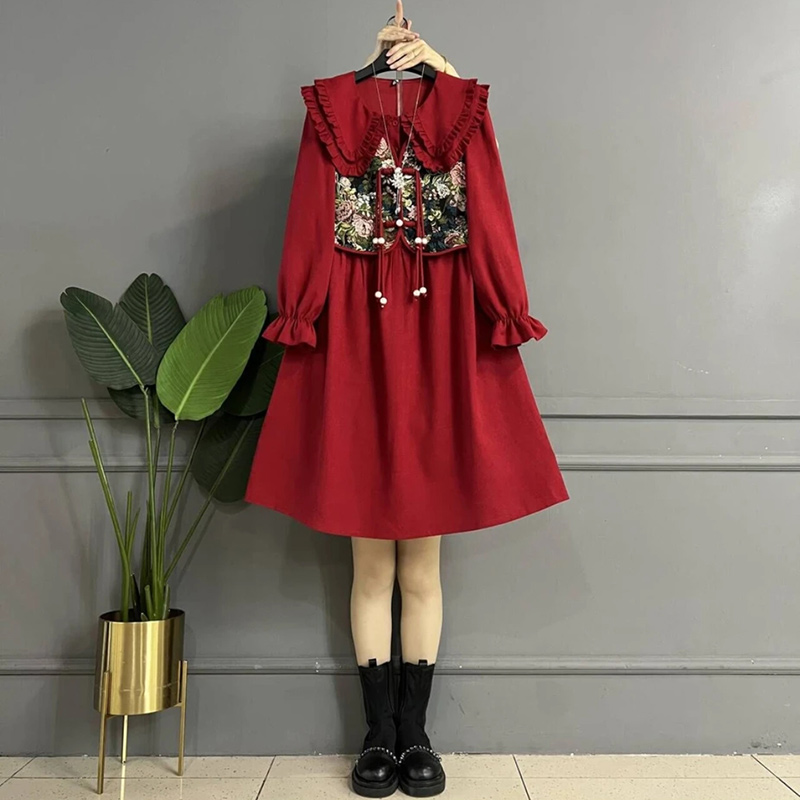 娃娃领国风长袖连衣裙马甲两件套