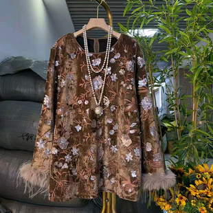 胖妹妹显瘦复古大花百搭衬衫 新中式 国风丝绒亮片长衫 女装 上衣 大码