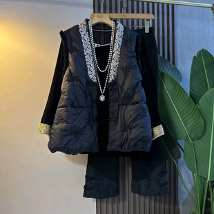 胖MM复古民族风绣花盘扣棉马甲打底裤 2025秋季 女装 大码 子 减龄新款