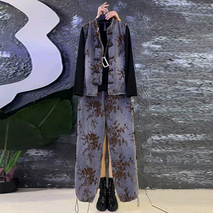 女装 胖妹妹大码 国风盘扣马甲三件套 套装 欧货设计感牛仔马夹抽绳裤