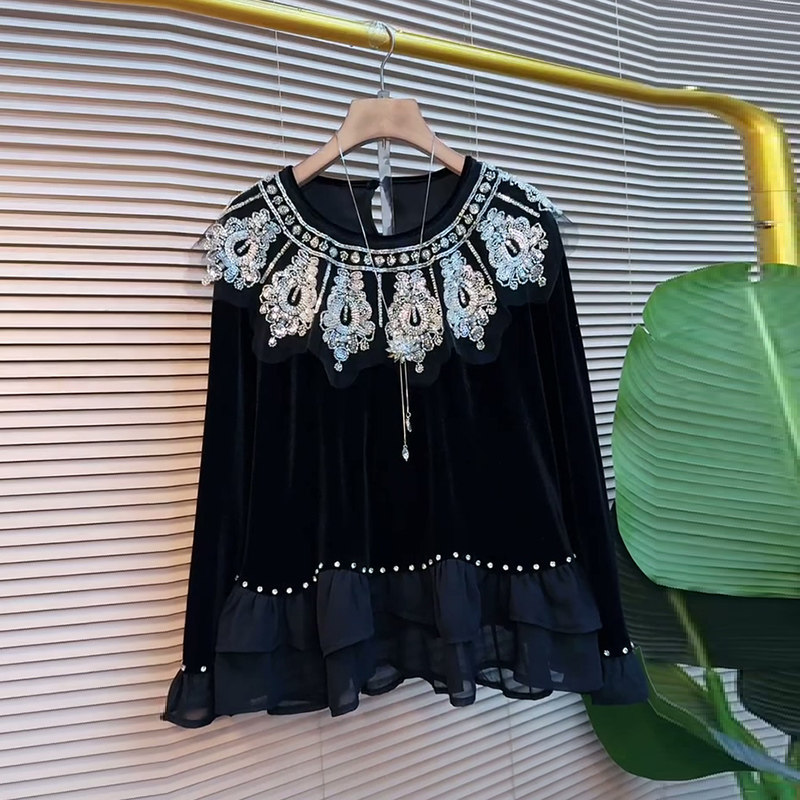 大码女装拼纱亮片圆领钉珠上衣
