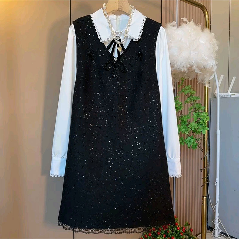 蕾丝边设计衬衫马甲裙两件套