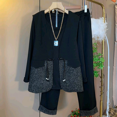 时尚复古盘扣马甲打底裤子套装新