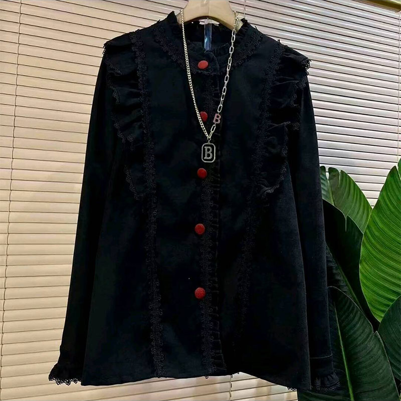 新款木耳边拼接蕾丝边上衣