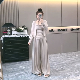 慵懒风不规则吊带开衫 套装 上衣阔腿裤 大码 女 三件套胖妹妹秋季 韩版