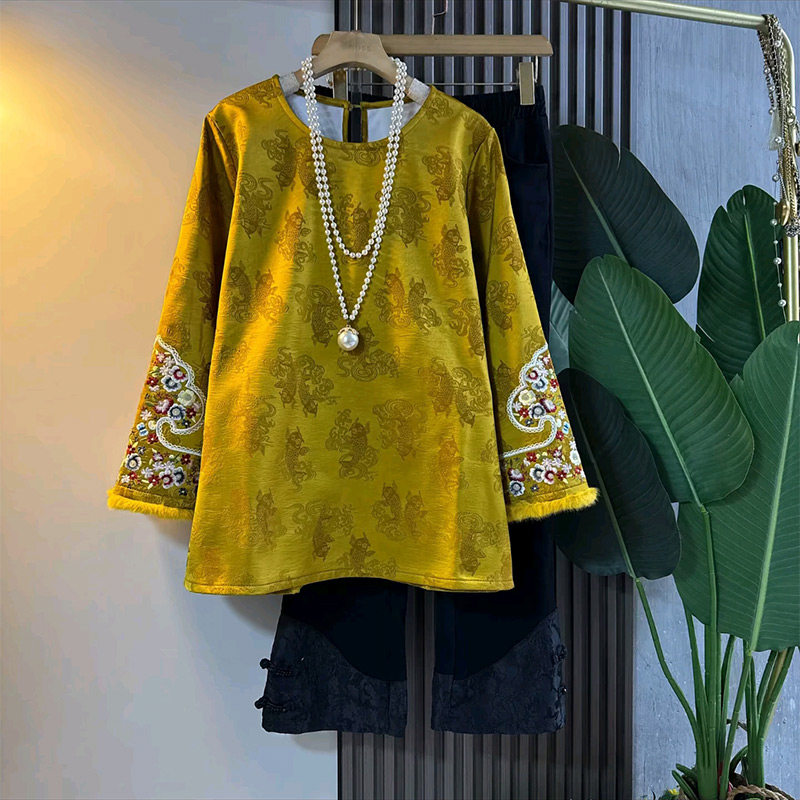国风复古提花有鱼刺绣加绒大衫新款胖妹妹大码女装百搭盘扣裤子潮,女装/女士精品,大码内搭,淘宝优惠券,粉丝福利购,淘宝优惠卷