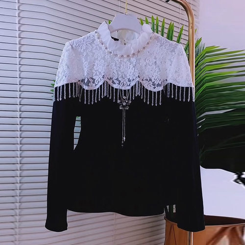 钉钻花边领拼接流苏上衣