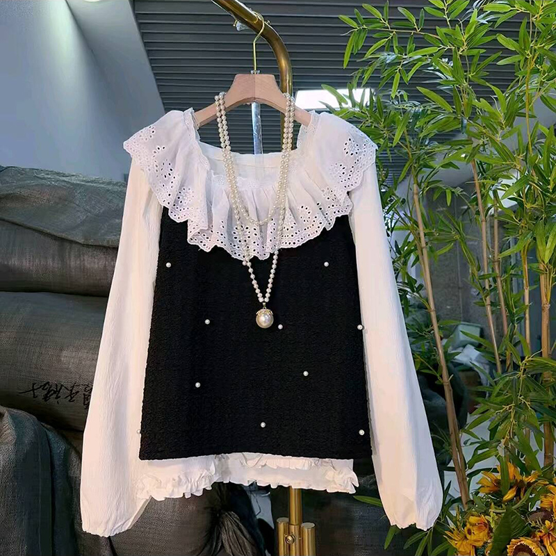 减龄钉珠马甲娃娃领衬衫两件套新