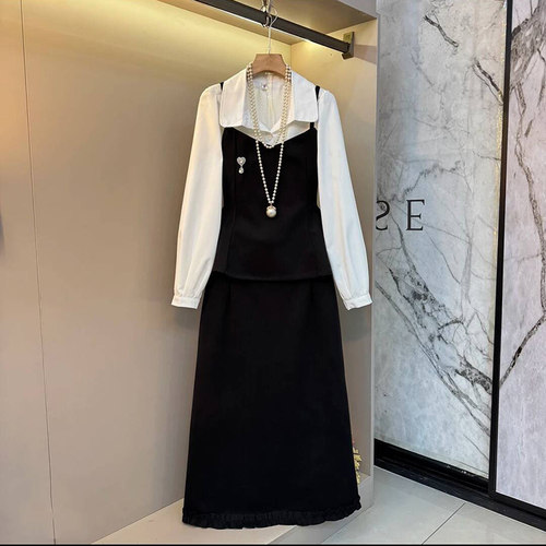 大码女装衬衫吊带马甲半身裙套装