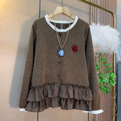 女装 2026春季 百搭上衣爆 洋气花边领拼接显瘦开衫 大码 新款 欧货时尚