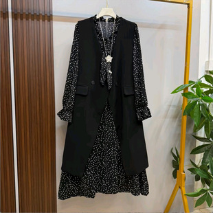浪漫波点系绳连衣裙气质长款 法式 马甲套装 胖妹妹大码 秋季 女装 新款