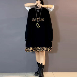 欧货设计感豹纹布艺拼接假两件卫衣裙大码女装胖妹妹显瘦连衣裙潮