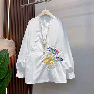 国潮宽松显瘦衬衫 重工荷花刺绣斜襟女人衫 女装 胖妹妹大码 上衣 新款