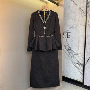 优雅显瘦套裙潮 女装 重工钉珠领纽扣上衣半身裙气质套装 胖妹妹大码