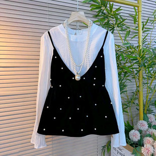 纯色百搭打底衫 镂空衬衫 时尚 女装 两件套 大码 胖MM显瘦钉珠吊带新款