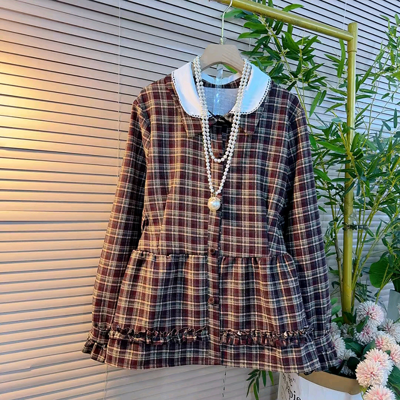 翻领拼格大码女装木耳花边上衣