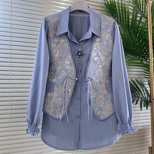 女装 复古盘扣马甲百搭打底衫 2025秋季 胖mm时尚 洋气两件套 新款 大码