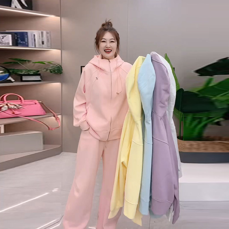 2025春季新款大码女装胖mm糖果色高品质纯色上衣裤子休闲两件套潮