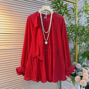 洋气大码女装绑带蝴蝶结上衣2026春季新款宽松雪纺衫胖MM显瘦衬衫