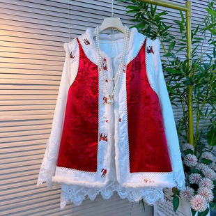 新款 胖mm蕾丝花边雪纺衫 新中式 女装 两面穿复古风加棉马甲大码 冬季