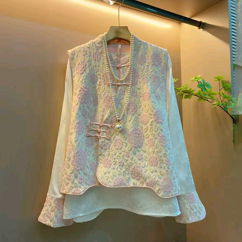 胖妹妹冬季新款大码女新中式时尚重工提花盘扣显瘦马甲衬衫两件套,女装/女士精品,大码套装,淘宝优惠券,粉丝福利购,淘宝优惠卷