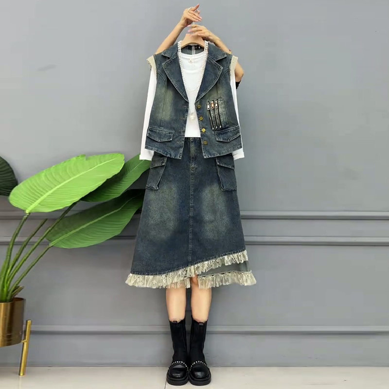 洋气大码女装设计感牛仔马甲胖mm显瘦不规则半身裙两件套新款内搭,女装/女士精品,大码套装,淘宝优惠券,粉丝福利购,淘宝优惠卷