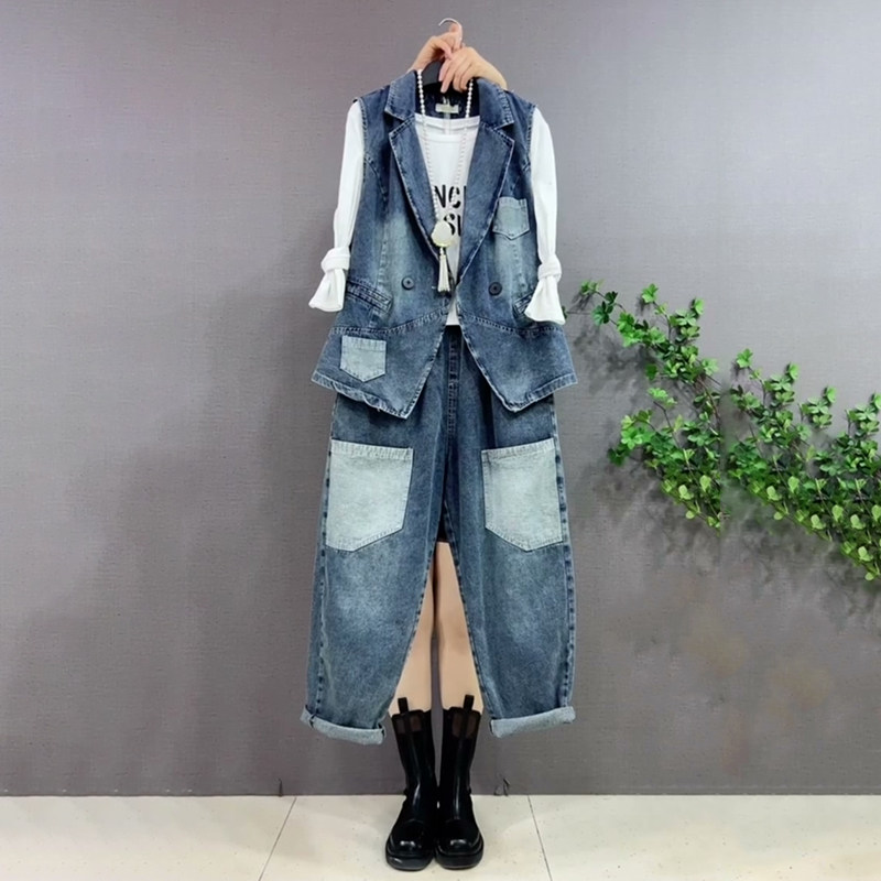 胖妹妹大码女装春季2026新款时尚韩版牛仔马甲裤子搭配字母打底衫