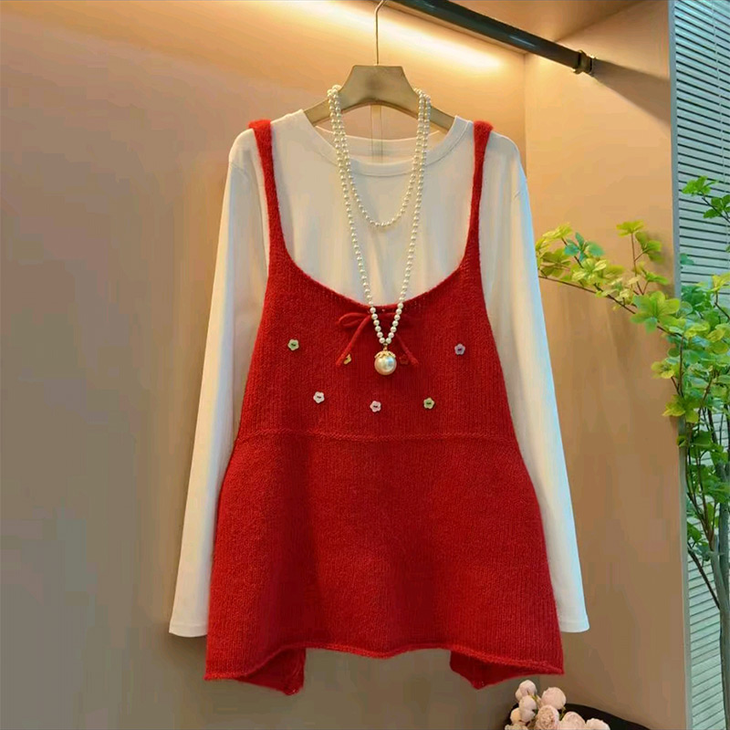 小花撞色吊带打底衫套装