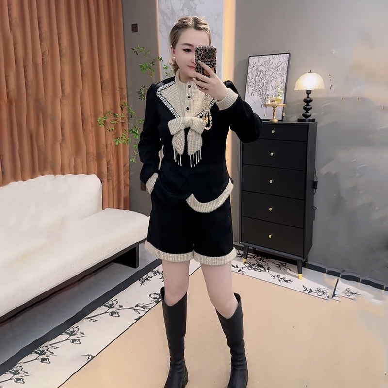 胖妹妹春季新款大码女装时尚拼接钉珠蝴蝶结上衣短裤或半裙两件套,女装/女士精品,大码套装,淘宝优惠券,粉丝福利购,淘宝优惠卷